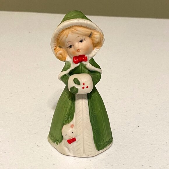 Vintage Jasco Merri-Bells Christmas Bell Home Decor Girl in Green Coat with Cat - Picture 1 of 7